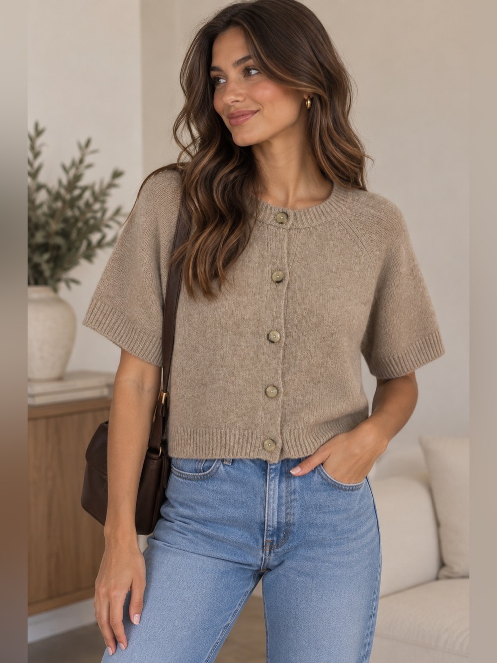 Jessica Simpson Short Sleeve Button Cardigan in Taupe Heather